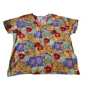 Crest Cotton Floral‎ Print Scrub Top Women's Size L Doctor Nurse Uniform